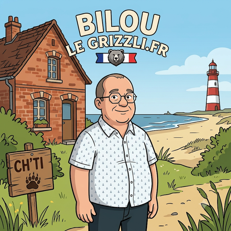 Avatar de style bande dessinée représentant Bilou, un homme corpulent d'un certain âge originaire du Nord, portant des lunettes et une chemisette blanche à motifs bleus. Il se tient au bord de la plage face à la mer, à côté d'une maison en briques rouges, d'un phare blanc et rouge et d'un panneau en bois marqué "CH'TI" avec une empreinte de patte d'ours. En haut, l'inscription "Bilou Le Grizzli.fr " surmonte un logo avec une tête de grizzli et le drapeau français.